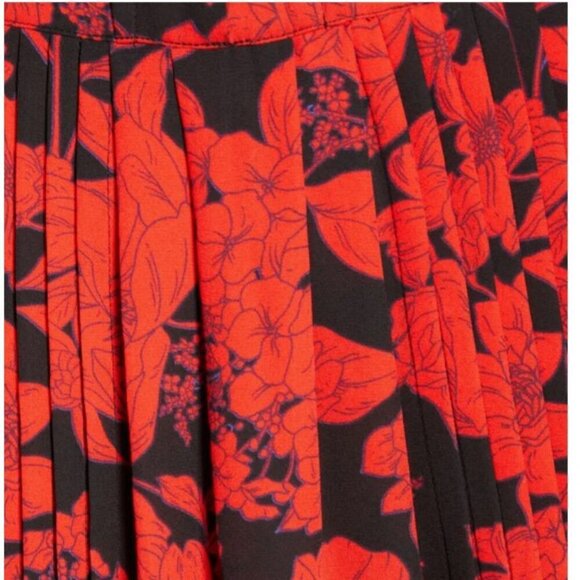 Rebecca Minkoff Fit Flare Mini Dress Large Red Short Sleeve Floral Pleat Ruffle - Picture 5 of 8